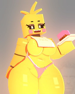 bib big_breasts biped blonde_hair breasts cake clothing cube_(object) curvy_figure dessert female food hair machine open_mouth panties pink_clothing pink_panties pink_underwear plate shadow simple_background solo square_(anatomy) square_head thick_thighs underwear wide_hips yellow_body coresvoid five_nights_at_freddy's five_nights_at_freddy's_2 microsoft minecraft mojang scottgames xbox_game_studios toy_chica_(fnaf) avian bird chicken galliform humanoid phasianid robot 2026 3d_(artwork) 4:5 digital_media_(artwork) hi_res mine-imator_(artwork) portrait three-quarter_portrait