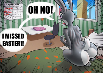 anthro april_(month) bed bed_sheet bedding big_butt biped breasts buckteeth butt dialogue female furniture grey_body holidays kneeling medium_breasts monday multicolored_body nude open_mouth pillow solo speech_bubble tail tail_tuft teeth text tuft wide_hips albinefox disney easter zootopia judy_hopps european_rabbit lagomorph leporid mammal oryctolagus rabbit absurd_res hi_res
