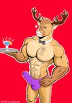 abs alcohol anthro antlers arms_bent balls_outline beverage biceps bow_(feature) bow_in_front bow_tie bulge clothed clothing cocktail cocktail_garnish cocktail_glass container cup detailed_bulge drinking_glass erection erection_under_clothing eye_scar facial_scar fur genital_outline glass glass_container glass_cup hand_on_hip hand_on_own_hip holding_hips holding_object horn looking_at_viewer male mostly_nude muscular muscular_anthro muscular_male one_eye_closed pecs penis_outline scar serving serving_alcohol serving_beverage solo star star_polygon star_reaction stretched_clothing tail tail_tuft tattoo tenting text thong tuft underwear waiter wink inkiecloud chippendales psychic_connections jude_(psychic_connections) deer mammal new_world_deer reindeer absurd_res hi_res url