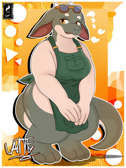 3_toes anthro apron apron_only big_breasts border breasts circle_(shape) circle_eyebrows clothing curved_tail digitigrade eyebrows eyewear eyewear_on_head feet female floppy_ears green_apron green_clothing grey_body half-closed_eyes hands_together heart_symbol horn looking_aside multicolored_body narrowed_eyes open_mouth orange_eyes pattern_background shadow shy simple_background snout solo sunglasses sunglasses_on_head tail tan_body text thick_tail thick_thighs three-quarter_view toes triangle_(shape) two_tone_body white_border white_eyebrows wide_hips bitrotoxinzzz mythology latte_(sme4) dragon mythological_creature mythological_scalie scalie 2025 3:4 character_name hi_res portrait signature watermark