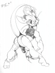 anthro balls butt clothed clothing erection genitals looking_back male penis presenting presenting_hindquarters simple_background skimpy solo tail white_background ferris unknown_species 1998 greyscale monochrome traditional_media_(artwork)