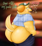 anthro big_butt bodily_fluids bottomwear bottomwear_down butt clothed clothing drunk exposed hiccuping huge_butt male mooning obese obese_anthro obese_male overweight overweight_anthro overweight_male pants pants_down partially_clothed presenting presenting_hindquarters solo substance_intoxication sweat sweaty_butt wardrobe_malfunction sinood1e harper_(nood1e) bird_dog canid canine canis domestic_dog golden_retriever hunting_dog mammal retriever hi_res