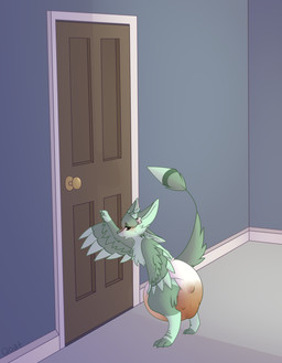 3_fingers abdl anthro big_diaper black_eyes blush bodily_fluids diaper door door_handle doorknob eyebrows feathers feces fingers fur green_body green_feathers green_fur huge_diaper inside looking_back male open_mouth reaching short solo standing sweat tail teeth text winged_arms wings qoat levi_(fatcat4t4) avali 2023 absurd_res artist_name hi_res