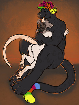 anthro black_body black_fur butt closed_smile dreadlocks duo eyelashes feet female fur green_hair grey_body grey_fur hair hug male markings mouth_closed multicolored_tail narrowed_eyes nude orange_hair pink_hair rainbow_tail simple_background sitting smile soles striped_markings striped_tail stripes tail tail_markings three-quarter_view toes white_body white_fur seraphictiger felid mammal murid rodent signature
