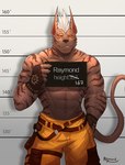 anthro clothed clothing inmates_clothing male muscular muscular_anthro muscular_male orange_jumpsuit police prison red_eyes solo striped_body stripes raymond158 raymond_(raymond158) canid canine canis mammal