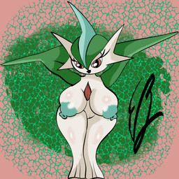 big_breasts black_lipstick blush breasts female genitals lipstick looking_at_viewer makeup mismatched_sexual_dimorphism not_furry nude red_eyes simple_background smile solo vulva wide_hips eddiebrije nintendo pokemon gallade generation_4_pokemon humanoid pokemon_(species) 1:1 absurd_res hi_res