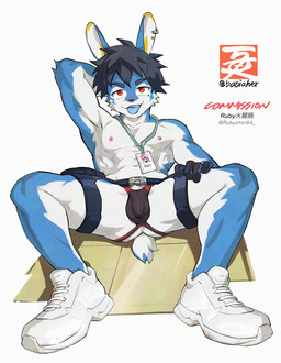 4_fingers abs anthro anus areola arm_tuft athletic athletic_male barely_visible_anus belt big_ears biped black_eyebrows black_hair blue_belt blue_body blue_fur blue_nose blue_tail blue_tongue bulge cheek_tuft clothed clothed_anthro clothed_male clothing detailed_bulge dipstick_ears ear_markings ear_piercing ear_ring elbow_tuft eyebrows facial_scar facial_tuft fingers footwear fur glistening glistening_eyes hair hand_behind_head hand_on_leg hand_on_own_leg hand_on_own_thigh hand_on_thigh id_card jockstrap legband logo looking_at_viewer male male_anthro markings mole_(marking) multicolored_body multicolored_clothing multicolored_ears multicolored_fur multicolored_jockstrap multicolored_tail multicolored_underwear muscular muscular_young navel nipples open_mouth piercing pink_anus pink_areola pink_nipples pubes red_clothing red_eyes red_jockstrap red_underwear ring_piercing scar scut_tail shoes short_tail sititng sneakers solo spread_legs spreading tail thighband tongue tongue_out topless topless_anthro topless_male tuft two_tone_body two_tone_clothing two_tone_fur two_tone_jockstrap two_tone_underwear underwear white_body white_clothing white_footwear white_fur white_pubes white_shoes white_sneakers white_tail yellow_ear_tips young young_anthro young_male booiaher lagomorph leporid mammal rabbit 2026 artist_logo digital_media_(artwork)
