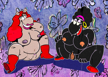 afro belly big_belly big_breasts black_hair breasts duo erect_nipples female female/female feral hair lipstick looking_at_viewer makeup nipples overweight overweight_female red_hair smile divinitydivision roxxred_(artist) fritz_the_cat bertha_(fritz) big_bertha harriet_(fritz_the_cat) avian bird corvid corvus_(genus) crow equid equine horse mammal oscine passerine hi_res