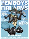 3_fingers ammo_belt anthro armwear bipod black_armwear black_clothing black_elbow_gloves black_gloves black_handwear black_latex black_legwear black_stockings black_thigh_highs black_thong black_underwear blue_eyes bulge bullet bulletproof_vest clothing elbow_gloves eyelashes facial_scar femboy fingers fluffy fluffy_tail fur gloves gun handwear hat headgear headwear kneeling latex latex_armwear latex_clothing latex_elbow_gloves latex_gloves latex_handwear latex_legwear latex_stockings latex_thigh_highs latex_thong latex_underwear legwear m240 m240b male multicolored_body multicolored_fur navel neck_tuft pawpads ranged_weapon scar solo stockings tail text thigh_highs thong topwear tuft underwear vest weapon marcus_gray femboys_and_firearms nintendo pokemon generation_4_pokemon lucario pokemon_(species) 3:4 cover english_text hi_res magazine_cover