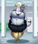 after_vore anthro anthro_pred beak belly big_belly big_breasts black_bottomwear black_clothing black_skirt bottomwear breast_expansion breasts cleavage clothed clothing detailed_background expansion eyes_closed feathers female female_pred grey_beak huge_breasts inside overweight overweight_anthro overweight_female skirt thick_thighs tight_clothing vore weight_gain white_body white_feathers wide_hips the_hookaloof aggretsuko sanrio secretary_washimi accipitriform avian bird secretary_bird absurd_res hi_res