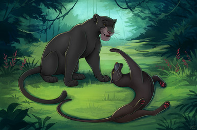 detailed_background duo eye_contact eyelashes fangs female feral forest grass jungle looking_at_another lying male melanistic on_side open_mouth outside pawpads paws pink_pawpads plant raised_arm smile smiling_at_another smiling_at_each_other square_crossover standing tail teeth tree vines whiskers yellow_eyes reallynxgirl adventures_of_mowgli disney soyuzmultfilm the_jungle_book bagheera_(jungle_book) felid leopard mammal pantherine 2020 digital_media_(artwork)