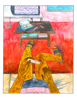 ambiguous_gender anthro bottomwear brown_body brown_fur clay clothed clothing coffee_table colored_nails detailed_background electronics feet fingernails footwear fur grey_bottomwear grey_clothing grey_shorts humanoid_feet humanoid_hands inside nails pink_clothing pink_topwear plantigrade red_fingernails red_nails red_toenails sandals shoes shorts solo television toenails toes topwear lisa_hanawalt deer mammal moose new_world_deer comic hi_res traditional_media_(artwork) female_(lore)