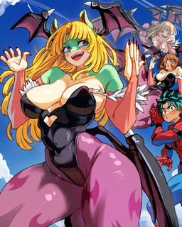 5_fingers anthro anthro_focus big_breasts black_clothing black_leotard blonde_hair blue_eyes breast_squeeze breasts brown_hair claws clothing cosplay cute_fangs fangs female female_focus fingers fur green_body green_fur green_hair group hair legwear leotard male natural_breasts pupils purple_clothing purple_legwear raised_hands red_inner_ear side_boob smile solo_focus squeezing teeth thick_thighs tight_clothing white_body white_fur white_pupils wide_hips wing_claws wings yellow_eyes vlizz capcom darkstalkers marvel my_hero_academia spider-man_(series) ippan_josei izuku_midoriya morrigan_aensland ochaco_uraraka toga_himiko canid canine fox human mammal quirked_human_(my_hero_academia) 4:5 absurd_res hi_res
