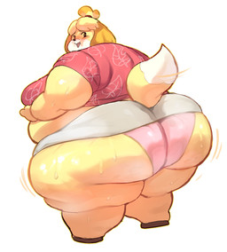 aloha_shirt anthro big_butt blonde_hair blush bodily_fluids bottomwear breasts butt clothing dipstick_tail fat_arms fat_legs female fur hair huge_butt ill-fitting_clothing looking_back markings motion_lines obese obese_anthro obese_female overweight overweight_anthro overweight_female panties pattern_clothing pattern_shirt pattern_topwear pencil_skirt pink_clothing pink_panties pink_underwear shirt side_belly side_boob simple_background skirt smile solo standing sweat sweatdrop sweaty_arms sweaty_butt tail tail_markings topwear underwear white_background white_body white_fur yellow_body fapolantern animal_crossing nintendo isabelle_(animal_crossing) canid canine canis domestic_dog mammal shih_tzu toy_dog