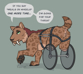 2_missing_limbs amputee anus butt dark_humor dialogue disability fangs female feral fur genitals humor leopard_spots looking_back missing_leg nude presenting presenting_hindquarters presenting_vulva prosthetic raised_leg raised_tail sabertooth_(anatomy) solo spots tail teeth text vehicle vulva wheelchair katlin felid mammal prehistoric_species saber-toothed_tiger 2022 absurd_res english_text hi_res