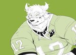 alternate_species angry anthro clothing football_jersey football_player football_uniform furrification glare green_background green_clothing horn male male_anthro simple_background solo uken_l lifewonders tokyo_afterschool_summoners wakan_tanka_(tas) bovid bovine cattle mammal