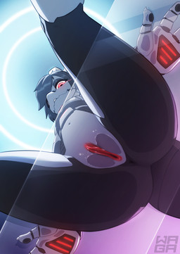 against_surface anthro anus black_hair butt featureless_chest female flat_chested genitals glass_bench grey_body hair looking_at_viewer looking_down looking_down_at_viewer low-angle_view metallic_body on_glass red_eyes sitting solo tail vulva worm's-eye_view w4g4 flosk_(kobotflosk) kobold robot_anthro scalie hi_res