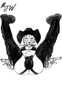 anthro boots bra breasts bulge chaps clothing cowboy_hat eyebrow_piercing facial_piercing fangs footwear furrowed_eyebrows gun handgun hat headgear headwear holding_gun holding_object holding_ranged_weapon holding_weapon jockstrap legs_up long_ears long_nails male piercing pupils ranged_weapon revolver shoes simple_background slit_pupils small_pupils smile smiling_at_viewer solo teeth tongue tongue_out tongue_piercing underwear weapon white_background mjw_darkmode domestic_cat egyptian_mau felid feline felis mammal 2024 absurd_res hi_res monochrome signature sketch traditional_media_(artwork)