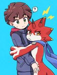 anthro brown_hair claws duo hair horn hug jealous male male/male possessive question_mark red_body scarf yellow_eyes mstdndkkkkk bandai_namco digimon digimon_ghost_game hiro_amanokawa betelgammamon digimon_(species) human mammal 3:4