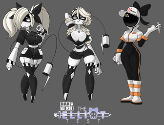 4_fingers 5_fingers accessory big_breasts boots bow_ribbon breasts clothed clothing female fingers footwear group hair hazard_stripes headgear headwear machine medium_breasts not_furry one_eye_obstructed ribbons screen_eyes shoes short_hair suit syringe tail text trio twintails_(hairstyle) white_body white_eyes dakkii glitch_productions murder_drones j_(murder_drones) tessa_(murder_drones) v_(murder_drones) android disassembly_drone human humanoid mammal robot robot_humanoid tailed_humanoid hi_res