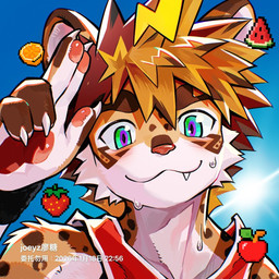 anthro bodily_fluids brown_body brown_fur clothing fangs food fruit fur fur_markings green_eyes hair looking_at_viewer male markings multicolored_body multicolored_fur plant pose shirt sky smile solo spots spotted_body spotted_fur sweat tank_top teeth topwear white_body white_fur joeyzliaotang felid leopard mammal pantherine 1:1