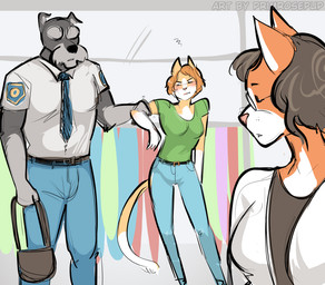 anthro bottomwear clothing clothing_store denim denim_bottomwear denim_clothing duo female jeans male mall pants security security_guard shoplifting shopping stealing store thief primrosepup calico_cat canid canine canis domestic_cat domestic_dog felid feline felis mammal daughter_(lore) mother_(lore) mother_and_child_(lore) mother_and_daughter_(lore) parent_(lore) parent_and_child_(lore) parent_and_daughter_(lore)