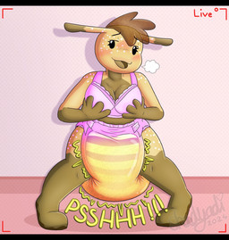 anthro big_breasts big_diaper black_bars blush blush_lines bodily_fluids bra breast_grab breasts clothed clothing diaper diaper_fetish female genital_fluids hand_on_breast huge_diaper pattern_diaper pink_bra pink_clothing pink_diaper pink_underwear recording solo striped_diaper unclean_diaper underwear urine used_diaper using_diaper wearing_diaper wet_diaper wetting wetting_diaper shadyadi cinnamon_(shadyadi) gastropod mollusk snail hi_res letterbox