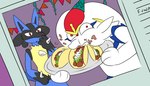 anthro blue_body blue_fur duo eating food fur male photo red_eyes taco white_body white_fur yellow_body yellow_fur mr_fuwa nintendo pokemon canid canine cinderace generation_4_pokemon generation_8_pokemon lagomorph leporid lucario mammal pokemon_(species) hi_res meme