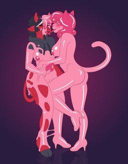 anthro breasts clothing duo female female/female footwear high_heels pink_body shoes slime standing transformation gnolub bovid caprine domestic_cat felid feline felis goat mammal absurd_res hi_res