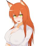 big_breasts blush breasts cleavage clothed clothing female green_eyes hair long_hair open_mouth orange_hair simple_background solo white_background nao_(artist) animal_humanoid canid canid_humanoid canine canine_humanoid fox_humanoid humanoid mammal mammal_humanoid digital_media_(artwork) shaded