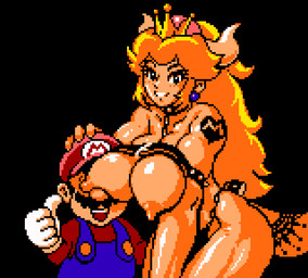 armband big_breasts black_background blonde_hair breasts chain clothing collar crossgender crown duo ear_piercing ear_ring facial_hair female gesture hair hand_gesture headgear horn huge_breasts male muscular muscular_female mustache nipples panties piercing ring_piercing simple_background spiked_armband spiked_collar spikes super_crown thumbs_up underwear saiwai_hiroshi bowsette_meme mario_bros nintendo bowser mario animal_humanoid human humanoid koopa koopa_humanoid mammal scalie scalie_humanoid 2025 digital_media_(artwork) meme pixel_(artwork)