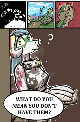 anthro clothed clothing eyewear female goggles horn messy solo speech_bubble tail text brradett lernie_(brradett) scalie absurd_res colored comic digital_media_(artwork) english_text hi_res