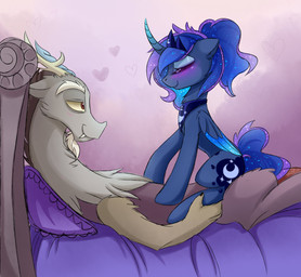 antlers bed blue_hair blush crown cutie_mark duo eyes_closed fangs feathered_wings feathers female feral furniture hair headgear heart_symbol horn jewelry lying male necklace on_bed pillow teeth wings magnaluna friendship_is_magic hasbro my_little_pony mythology discord_(mlp) princess_luna_(mlp) chimera draconequus equid equine mammal mythological_creature mythological_equine winged_unicorn 2016 hi_res source_request unavailable_at_source