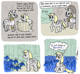 bath cutie_mark dialogue duo ear_piercing eating feathered_wings feathers female feral flower forest grey_body grey_feathers nom outside piercing plant poison_joke stripes tail text tree water wings wood cerulean_(artist) friendship_is_magic hasbro my_little_pony mythology derpy_hooves_(mlp) zecora_(mlp) equid equine mammal mythological_creature mythological_equine pegasus zebra comic english_text