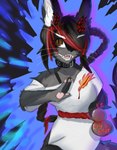 anthro black_hair broken_horn brown_eyes calabash clothed clothing collar female fight fur gourd gourd_bottle grey_body grey_fur hair horn long_hair looking_at_viewer open_mouth pigtails red_hair red_horn simple_background smile solo tail teeth topwear white_body white_fur crybitur capcom street_fighter street_fighter_6 jamie_(street_fighter) suwyzid canid canine canis domestic_cat felid feline felis hybrid mammal wolf hi_res