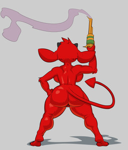 anthro back_boob big_butt breasts butt claws crossgender curvy_figure female fur gun handgun horn mtf_crossgender nude nude_anthro nude_female ranged_weapon rear_view red_body red_fur revolver solo spade_tail tail thick_thighs toe_claws voluptuous voluptuous_anthro voluptuous_female weapon wide_hipped_female wide_hips apis_(artist) kings_of_hell memoirs_of_magic gremile_'hotshot' imp absurd_res hi_res