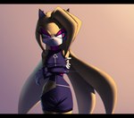 anthro bottomwear clothing crossed_arms dress ear_piercing ear_ring female fur gloves handwear hip_window looking_aside piercing purple_eyes purple_mascara ring_piercing skirt solo yellow_body yellow_fur speendlexmk2 sega sonic_the_hedgehog_(series) fan_character absurd_res hi_res