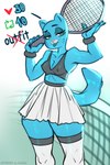 anthro bedroom_eyes biped blue_body bodily_fluids bottomwear breasts claws clothed clothing female flirting flirting_with_viewer footwear knee_highs knee_socks legwear lips narrowed_eyes nipple_outline pink_nose playful seductive skirt smile socks solo sweat sweatdrop sweaty_legs sweaty_thighs tail tennis_court tennis_racket thick_bottom_lip white_knee_socks alekiki cartoon_network the_amazing_world_of_gumball nicole_watterson domestic_cat felid feline felis mammal absurd_res hi_res