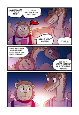 anthro brown_body brown_hair brown_mane clothing cloud container cup cute_fangs dialogue drinking drinking_straw duo elbow_bump eye_contact eyes_closed fangs front_view grin hair happy holding_container holding_cup holding_object horn looking_at_another male mane ossicone outside round_ears shirt smile smiling_at_another smiling_at_each_other soda_cup sunset tank_top teeth text topwear white_clothing white_shirt white_topwear yellow_body t0l0k andrew_(t0l0k) scott_(t0l0k) felid giraffe giraffid lion mammal pantherine comic english_text hi_res