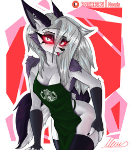 anthro apron apron_only clothed clothing ear_piercing female fur glowing glowing_eyes inner_ear_fluff nails no_underwear piercing solo tongue tongue_out tuft nomis hellaverse helluva_boss mythology starbucks loona_(helluva_boss) canid canid_demon canine demon hellhound mammal mythological_canine mythological_creature absurd_res hi_res