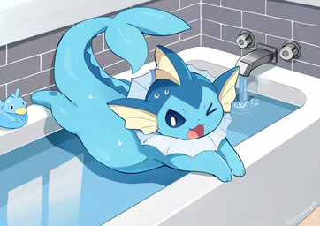 3_toes ambiguous_gender bathtub blue_body blue_eyes blue_tail feet feral inside one_eye_closed open_mouth quadruped solo tail toes water komanyachi nintendo pokemon ducklett eeveelution generation_1_pokemon generation_5_pokemon pokemon_(species) vaporeon 2025 absurd_res digital_drawing_(artwork) digital_media_(artwork) hi_res