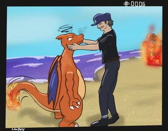 beach clothing fire grumpy hat headgear headwear purple_clothing purple_hat purple_headwear red_body red_scales scales shirt t-shirt tail topwear touching_face water wings lowpoly_(artist) nintendo pokemon charizard generation_1_pokemon human mammal pokemon_(species) reptile scalie hi_res