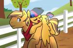 blue_eyes carrying_another cutie_mark duo eyes_closed feathered_wings feathers female feral fur hair male mostly_nude multicolored_hair outside sky two_tone_hair wings yellow_body yellow_fur kianamai hasbro my_little_pony mythology fan_character golden_delicious starburst_(character) equid equine mammal mythological_creature mythological_equine pegasus 3:2 absurd_res hi_res