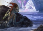 anthro bottomwear clothed clothing female group head_crest loincloth membrane_(anatomy) partially_submerged rear_view sea shell shore solo_focus split_form spying topless water webbed_hands anthony_francisco hasbro magic:_the_gathering wizards_of_the_coast eldrazi eldritch_abomination marine merfolk monster official_art