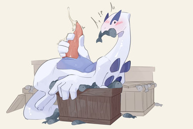 animal_genitalia animal_penis blue_body blush bodily_fluids box cetacean_genitalia cetacean_penis container crate cum erection feral fish_in_mouth genital_fluids genital_slit genitals long_neck male masturbation penile penile_masturbation penis solo tapering_penis white_body x_eyes cometdragonite nintendo pokemon aquatic fish generation_2_pokemon legendary_pokemon lugia pokemon_(species) shaded