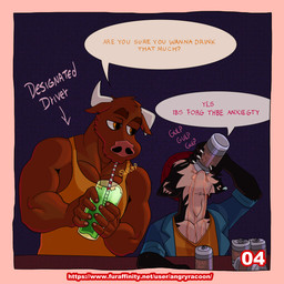 alcohol anthro bar beanie beer beverage beverage_can biceps black_body black_fur brown_body brown_eyes brown_fur chugging clothed clothing container cup dialogue drinking drinking_straw drunk duo ear_piercing ear_ring forearm_muscles fur glass glass_container glass_cup half-closed_eyes hat headgear headwear holding_object horn inner_ear_fluff jacket male male/male muscular muscular_anthro muscular_arms muscular_male narrowed_eyes neck_muscles onomatopoeia pecs piercing ring_piercing rolled_up_sleeves shirt simple_background slurping soda sound_effects speech_bubble spilling_drink substance_intoxication swallowing tank_top text topwear tuft v-neck wet wet_clothing white_body white_fur angryrawcoon antonio_(angryrawcoon) whyskers_(angryrawcoon) bovid bovine cattle domestic_cat felid feline felis mammal 1:1 comic digital_media_(artwork) english_text hi_res shaded