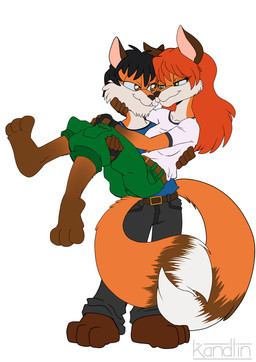 3_toes 5_fingers anthro barefoot biped black_nose breasts brown_body brown_eyes brown_fur brown_hair clothed clothing dipstick_tail duo entwined_tails feet female fingerless_gloves fingers fur gloves gloves_(marking) green_eyes hair handwear happy leg_markings logo looking_at_another male male/female markings multicolored_tail orange_hair paws plantigrade simple_background smile smiling_at_another smiling_at_each_other socks_(marking) soles tail tail_coil tail_markings text toes white_background kandlin canid canine fox mammal 2019 artist_logo artist_name character_request digital_media_(artwork) hi_res