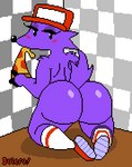 ambiguous_gender anthro blinking blush bouncing_butt bubble_butt butt checkered checkered_background clothing eating eating_food food footwear hat headgear headwear long_snout long_socks looking_at_viewer pattern_background pizza pointy_nose purple_body rear_view shoes simple_background snout solo tail twerking boleroofbooty pizza_tower snick_(pizza_tower) mammal porcupine rodent 2023 animated high_framerate loop