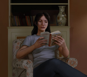 black_hair book bookshelf bottomwear chair clothed clothing crossed_legs denim denim_bottomwear denim_clothing detailed_background female furniture grey_clothing grey_shirt grey_topwear hair jeans living_room pants reading reading_book realistic shirt sitting solo topwear liminalbean an_american_werewolf_in_london human mammal absurd_res detailed hi_res