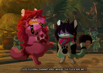 alternate_species anthro armband barefoot bodily_fluids bracelet clothing dialogue duo feet female fur gloves hair handwear humor jewelry long_hair male obscured_eyes parody profanity purple_body purple_fur screencap screencap_background sharp_teeth spiked_armband spiked_bracelet spikes sweat teeth text thecynicalhound capcom deltarune kris_where_are_we monster_hunter monster_hunter_stories undertale_(series) kris_dreemurr susie_(deltarune) hybrid lynian 2021 english_text meme